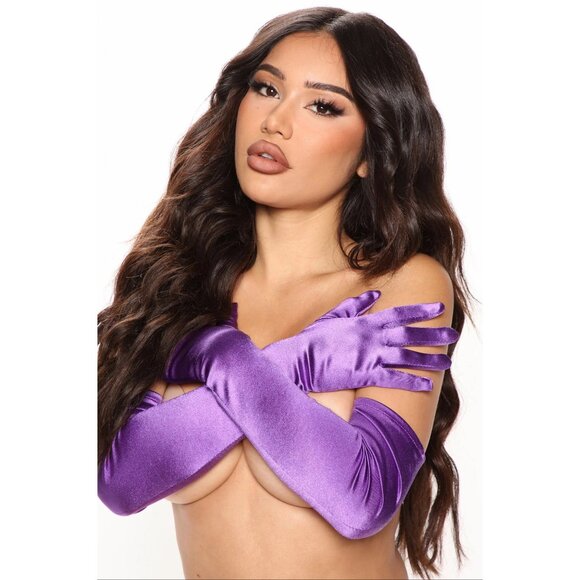 Fashion Nova ✦ So Extra Satin Purple Gloves ✦ Long Opera-Length 100% Nylon NWT - Picture 1 of 2
